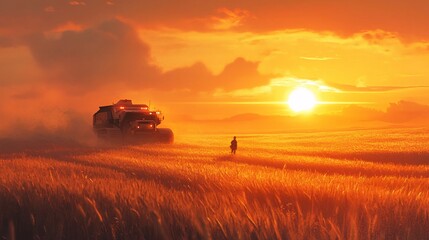 Fototapeta premium Sunset adventure off-road vehicle journey through golden wheat fields