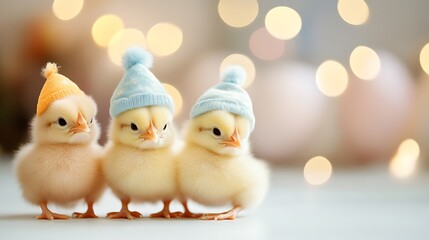 Three Fluffy Yellow Chicks in Knit Hats Against a Bokeh Background
