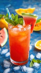Obraz premium Refreshing watermelon cocktail served with mint and citrus fruits on a colorful background
