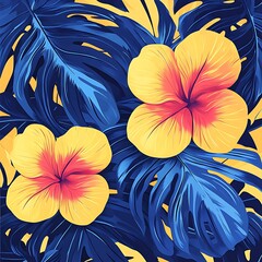 Floral Bloom Hibiscus among tropical leaves