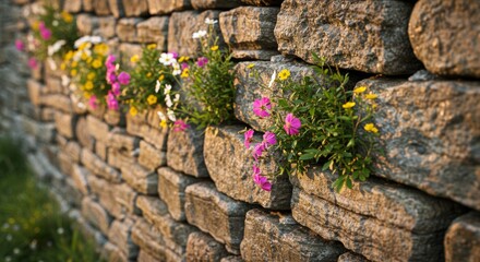 Charming stone wall adorned with wildflowers adding a touch of rustic beauty