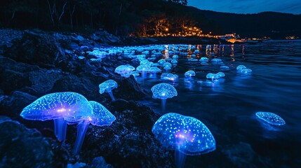 Coastal waters at night capturing the spectacular bioluminescent jellyfish phenomenon