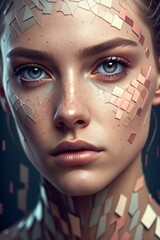 Portrait with digital mosaic effect on the skin, merging technology and art seamlessly.