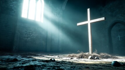 Naklejka premium Wooden Cross in a Dark Church with Light Streaming Through a Window