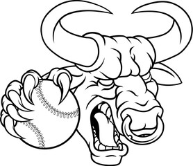 A bull or Minotaur monster longhorn cow angry mean baseball mascot cartoon.