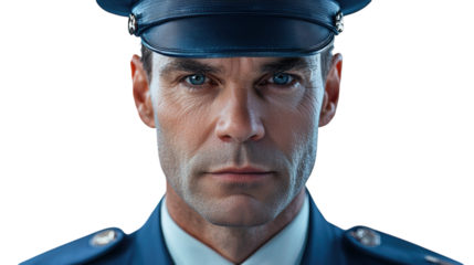 Portrait of a Confident Officer in Uniform Strong Leadership Security Military Law Enforcement on isolated transparent background