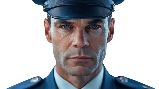 Portrait of a Confident Officer in Uniform Strong Leadership Security Military Law Enforcement on isolated transparent background