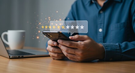 Online feedback and customer satisfaction depicted via mobile device and stars