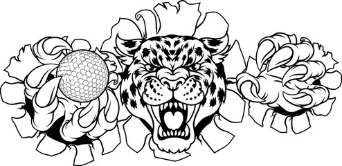 A jaguar, panther, leopard or cheetah wildcat spotted cat golf sports team mascot holding a ball