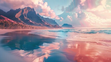 Serene coastal landscape at sunset with mountains reflecting in calm waters, evoking tranquility and beauty