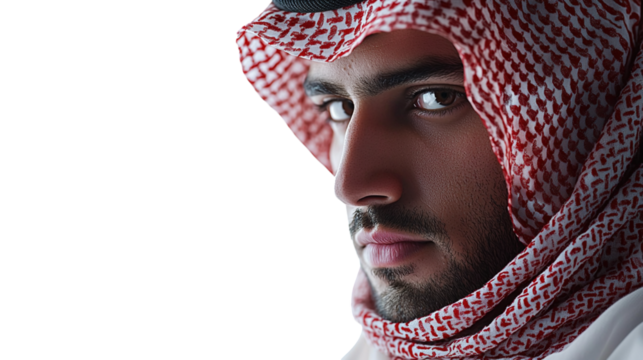 Portrait of a Man in Traditional Middle Eastern Clothing Intense Gaze Cultural Identity Arabian Heritage Desert Lifestyle on isolated transparent background