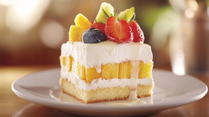 A close-up of a creamy Tres Leches Cake slice, topped with fresh fruit and a drizzle of milk