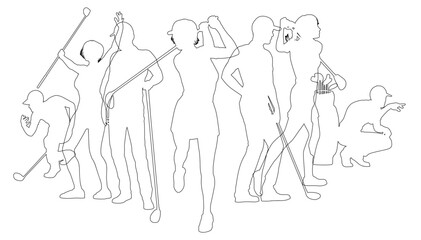 Silhouette golf player set. Active golfers golfing sports people healthy players fitness silhouettes concept.