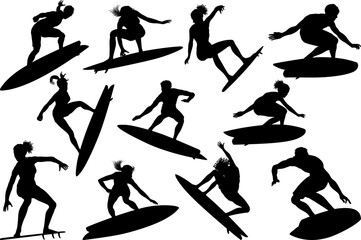 Surfer surfboard boarding male and female surfers surfing silhouette outlines. Men and women surf set design concept.