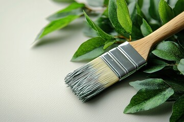 Eco-Friendly Painting Wooden Paintbrush with Lush Green Leaves on Neutral Background