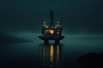 Drilling Rig in Dark Waters Under Mystical Fog at Night with Illuminated Structure Reflecting on Calm Surface and Surrounding Landscape