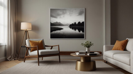 Corner view on bright living room interior with empty poster