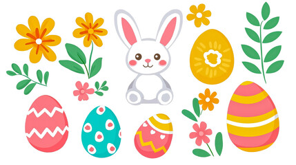 A set of easter eggs and flowers with a bunny