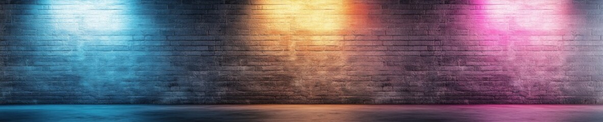 Naklejka premium Unique brick wall illuminated by vibrant neon lights creates an artistic backdrop for creative projects
