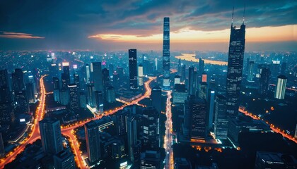 Fototapeta premium Photorealistic view of a modern city at night showcasing high-tech infrastructure