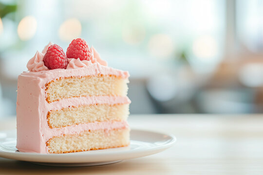 A slide of pink cream cake on a plate with copy-space background with soft light in the morning.