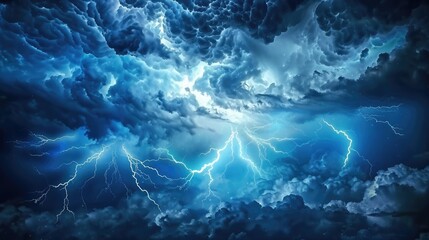 Dramatic thunderstorm with vibrant lightning illuminating dark storm clouds over a moody landscape