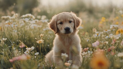 Adorable Golden Retriever Puppy Sitting in Flower Field Gazing at Camera