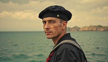Vintage sailor portrait by the sea, 1940s nostalgia