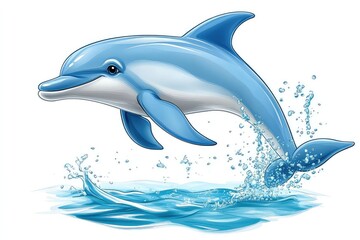 Vibrant blue dolphin leaping out of clear water, showcasing marine life in a serene ocean setting