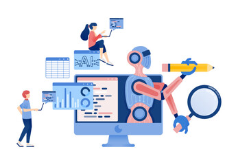 Artificial Intelligence Illustration of People Analyzing Accounting Graphs with AI Robots and Programming Assistance