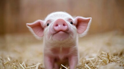 Adorable Baby Piglet with Pink Snout Standing on Fresh Hay