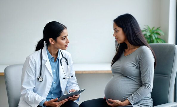 Indian Female Obstetrician Consulting with Expectant Mother Providing Prenatal Care and Support in a Medical Clinic