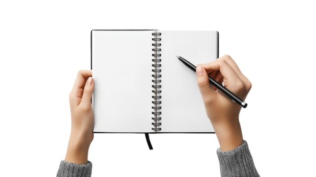 hand with pen and notebook on isolated transparent background