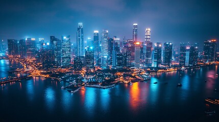 Stunning Night Cityscape of a Modern Urban Skyline Reflected in Water with Vibrant Lights and Cloudy Sky