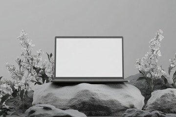 Modern Laptop Mockup Blank Screen on Rocks with Flowers, Minimalist Design