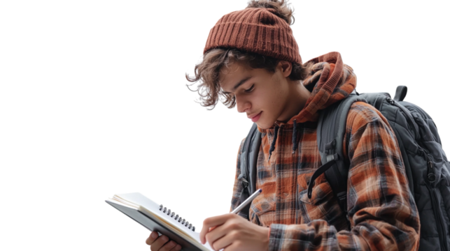 Student Backpack Traveler Writes Notes Outdoors Autumn