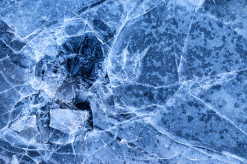 Cracked and broken ice background texture. Frozen lake ice. Ice surface.	