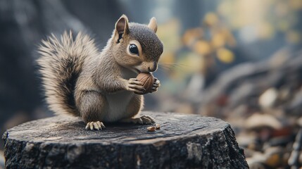 Adorable Tiny Squirrel Holding Nut on Tree Stump