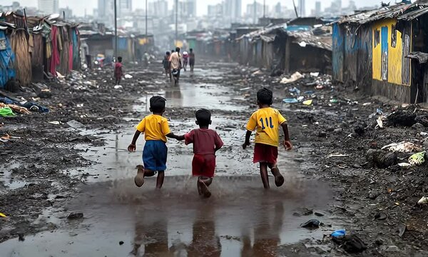 Three children run through a muddy slum towards the backdrop of a modern city skyline.
