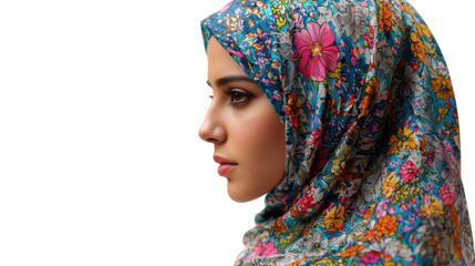 Stunning Profile of a Woman in a Floral Hijab Ideal for Fashion Beauty and Cultural Stock Photography