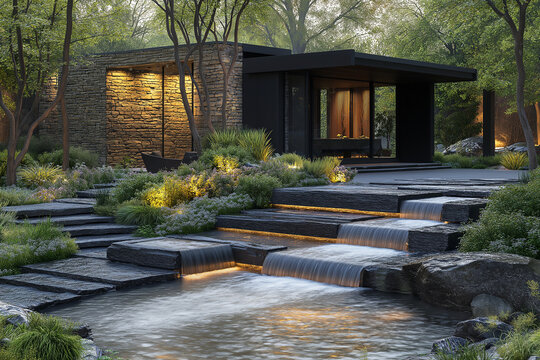 Photographie immobili&egrave;re d&rsquo;un jardin de maison moderne bien entretenu avec haies structur&eacute;es, petits bassins d&rsquo;eau et chemins en pierre minimalistes. rendu 3D, HDR, id&eacute;es d&eacute;co et am&eacute;nagement tendance.