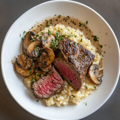 plated Sliced Pan-Roasted Filet Mignon & Mushroom Risotto