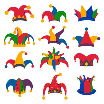 Collection of colorful jester hats in various styles. Festive and playful headwear for carnival, circus, and celebration designs. Suitable for posters, invitations, stickers.