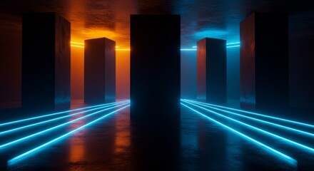 Cyberpunk corridor with glowing neon lines and monolithic geometric figures