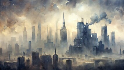 Obraz premium Smoky urban skyline shrouded in haze, depicting environmental pollution and industrial impact.