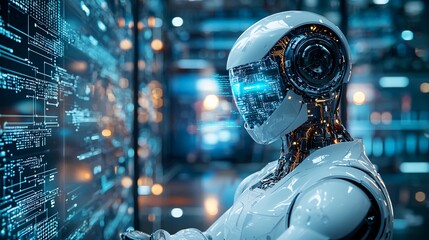 Futuristic Robot with Glowing Eyes Analyzing Data in High-Tech Environment with Digital Displays
