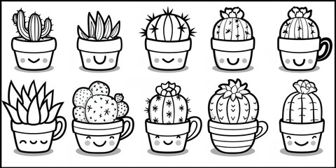 Fototapeta premium Vintage style hand drawn cactus plant doodle set 