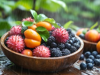 Fruit bowl under rain in green garden