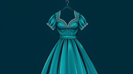 Elegant Teal Dress with Lace Illustration Hanging on Dark Background