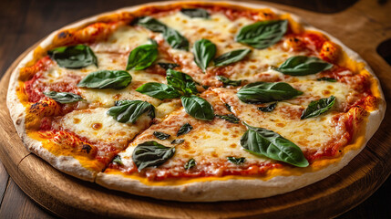 Freshly Baked Margherita Pizza with Mozzarella and Basil on Wooden Pizza Peel